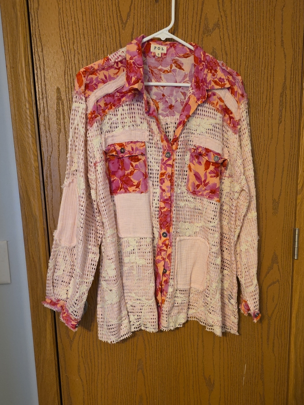 POL Pink Crochet Button-Down with Floral Trim Ptp 24,l 30 NWOT